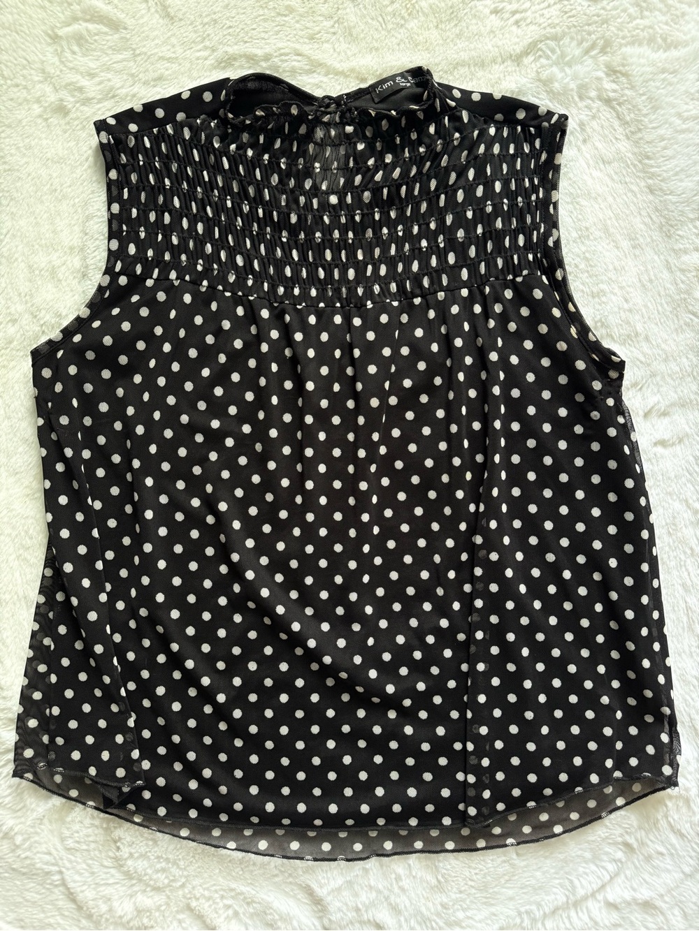 Kim & Cami Black and White Polka Dot Smocked Neck Sleeveless Top